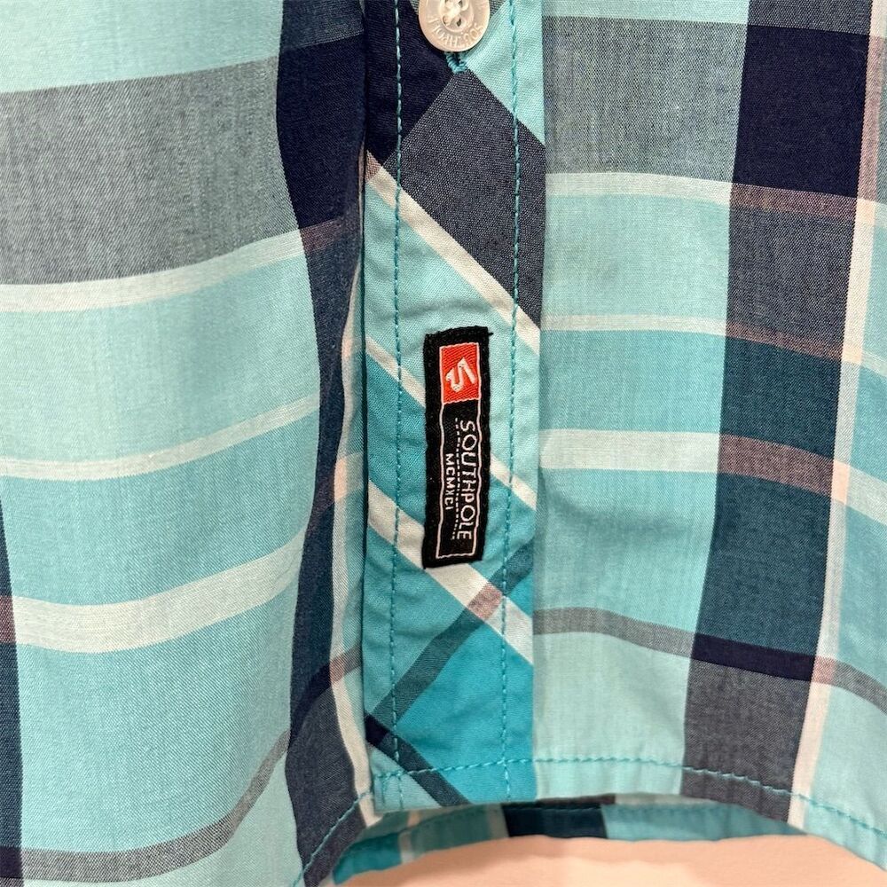 Southpole Mens Plaid Button Shirt L Blue Teal Short Sleeve Streetwear Casual - Picture 3 of 10